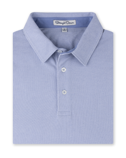 Folded Oxford Polo in chambray blue with two-button placket and classic collar