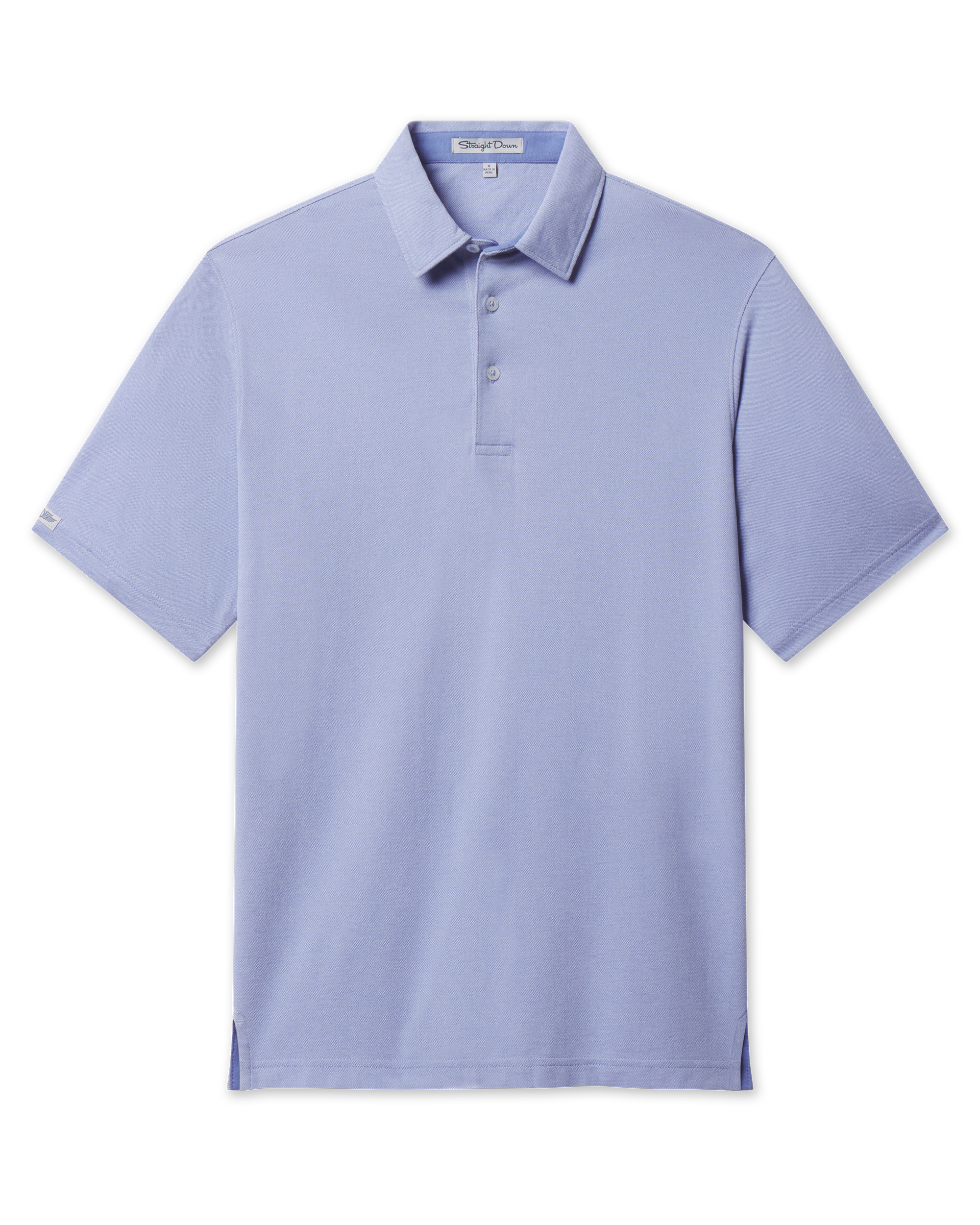 Close-up of Oxford Polo fabric in chambray blue showing textured knit construction and button placket detail