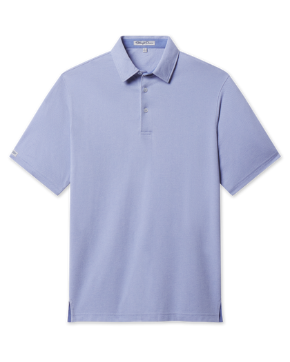 Close-up of Oxford Polo fabric in chambray blue showing textured knit construction and button placket detail