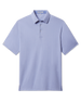 Close-up of Oxford Polo fabric in chambray blue showing textured knit construction and button placket detail