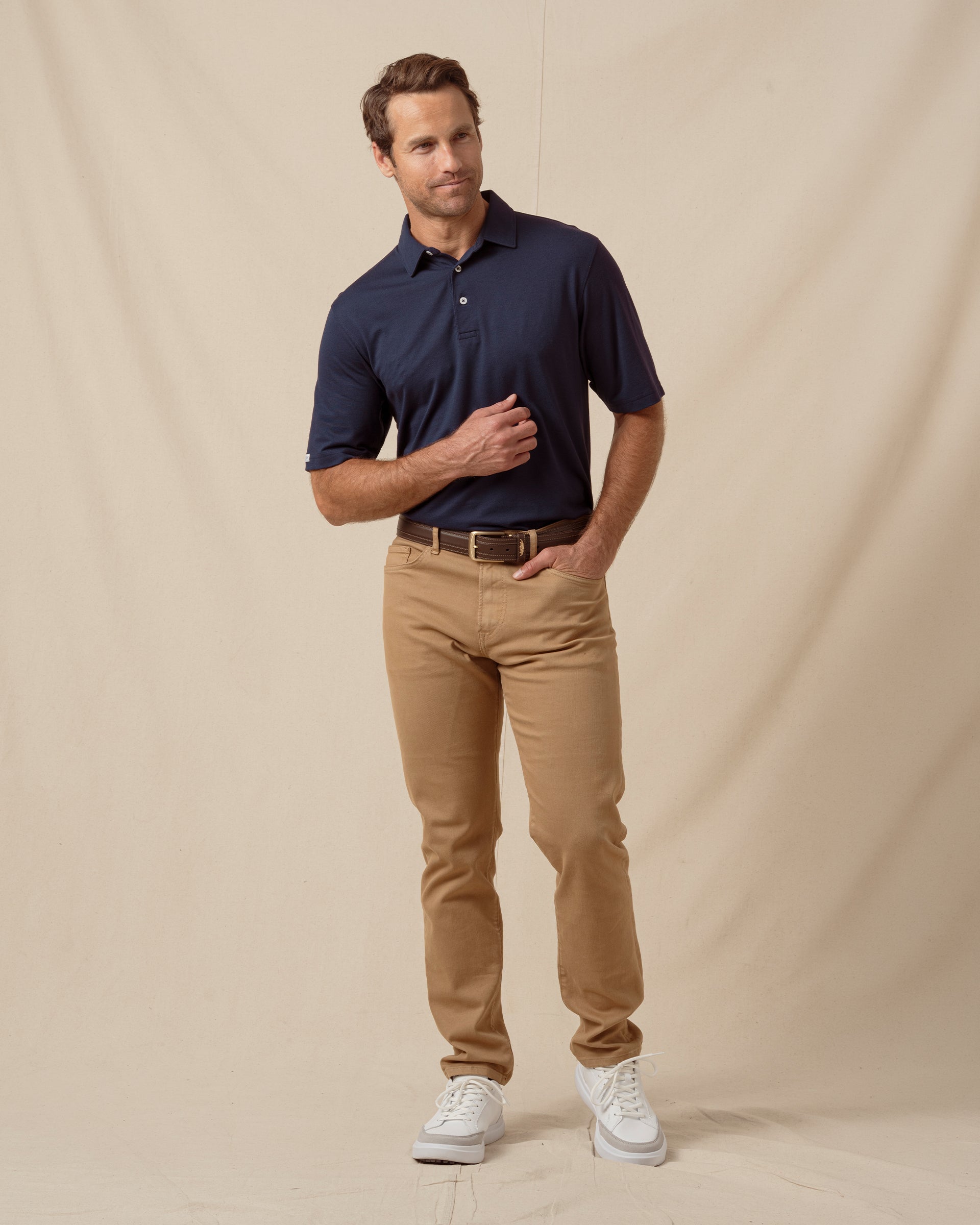 Oxford Polo in New Indigo, men's full outfit model view styled with khaki pants