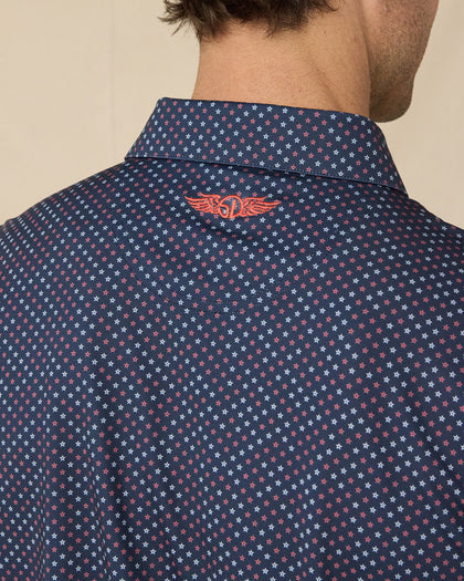 Star Struck Polo in New Indigo with back logo detail close-up