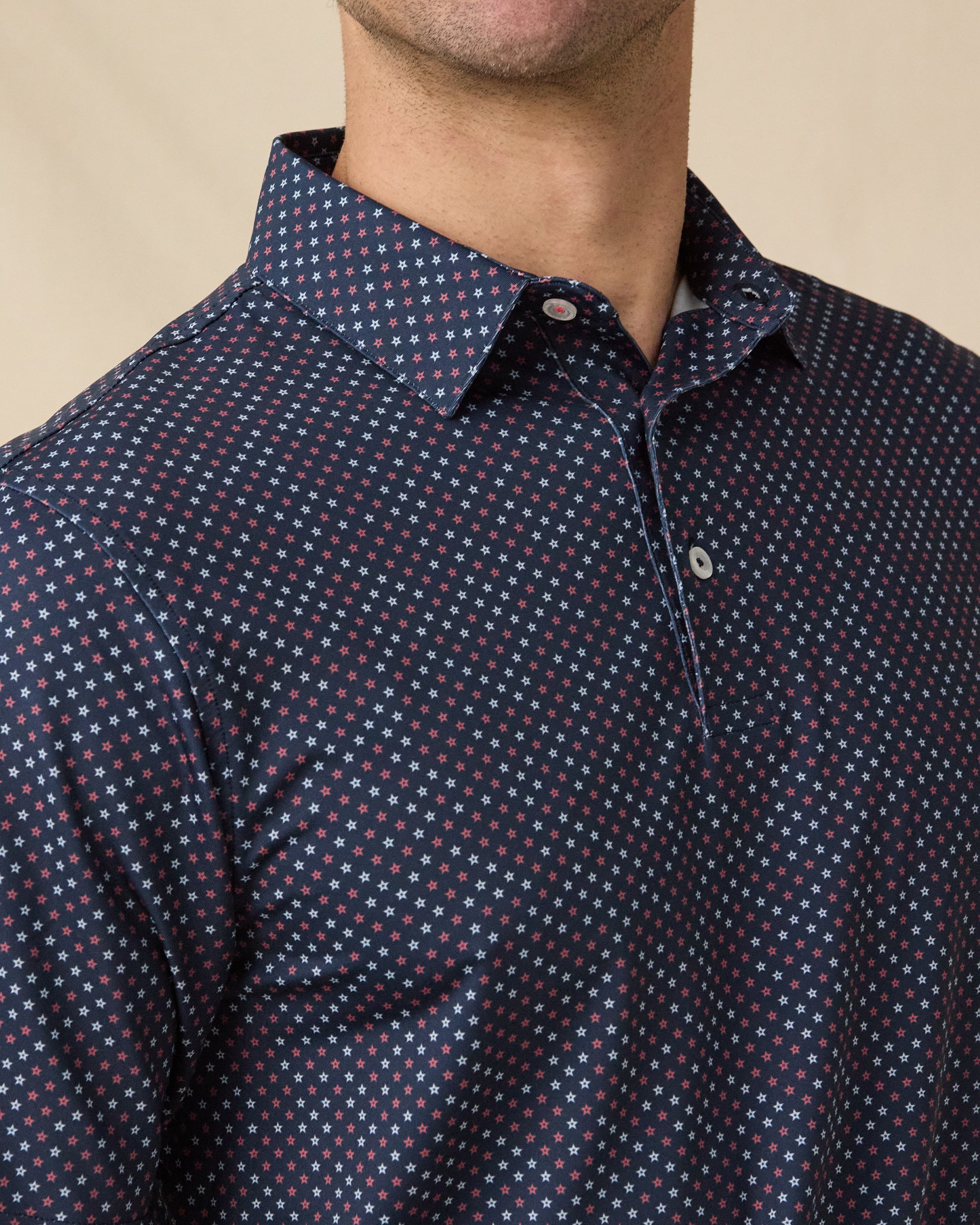 Star Struck Polo in New Indigo with collar pattern detail close-up