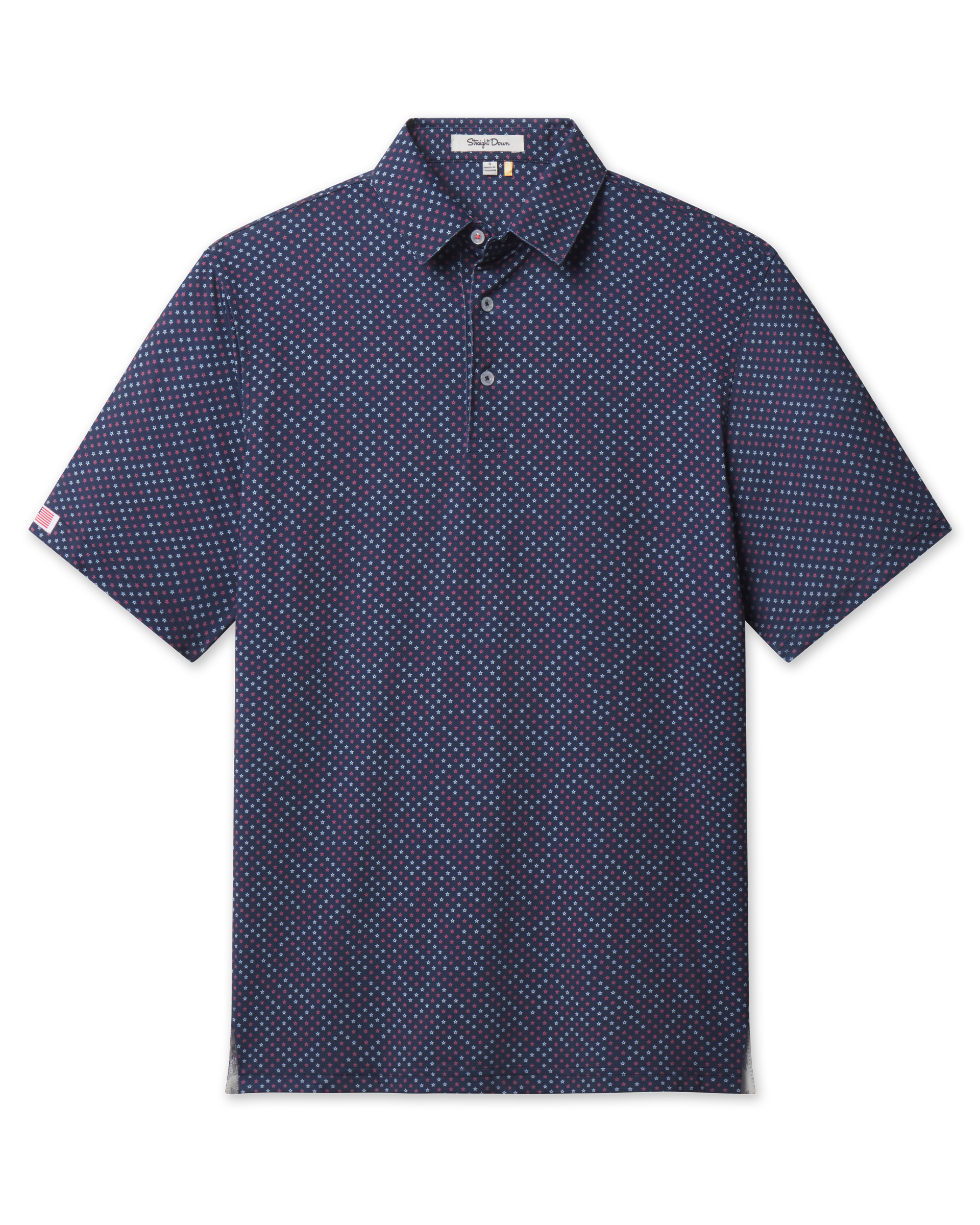 Star Struck Polo in New Indigo with allover red and white star print, front flat lay