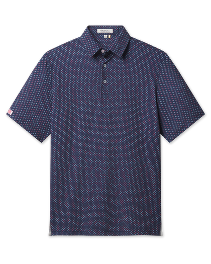 Star Struck Polo in New Indigo with allover red and white star print, front flat lay