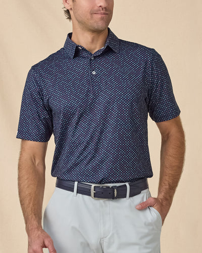 Star Struck Polo in New Indigo, front model view with light gray shorts