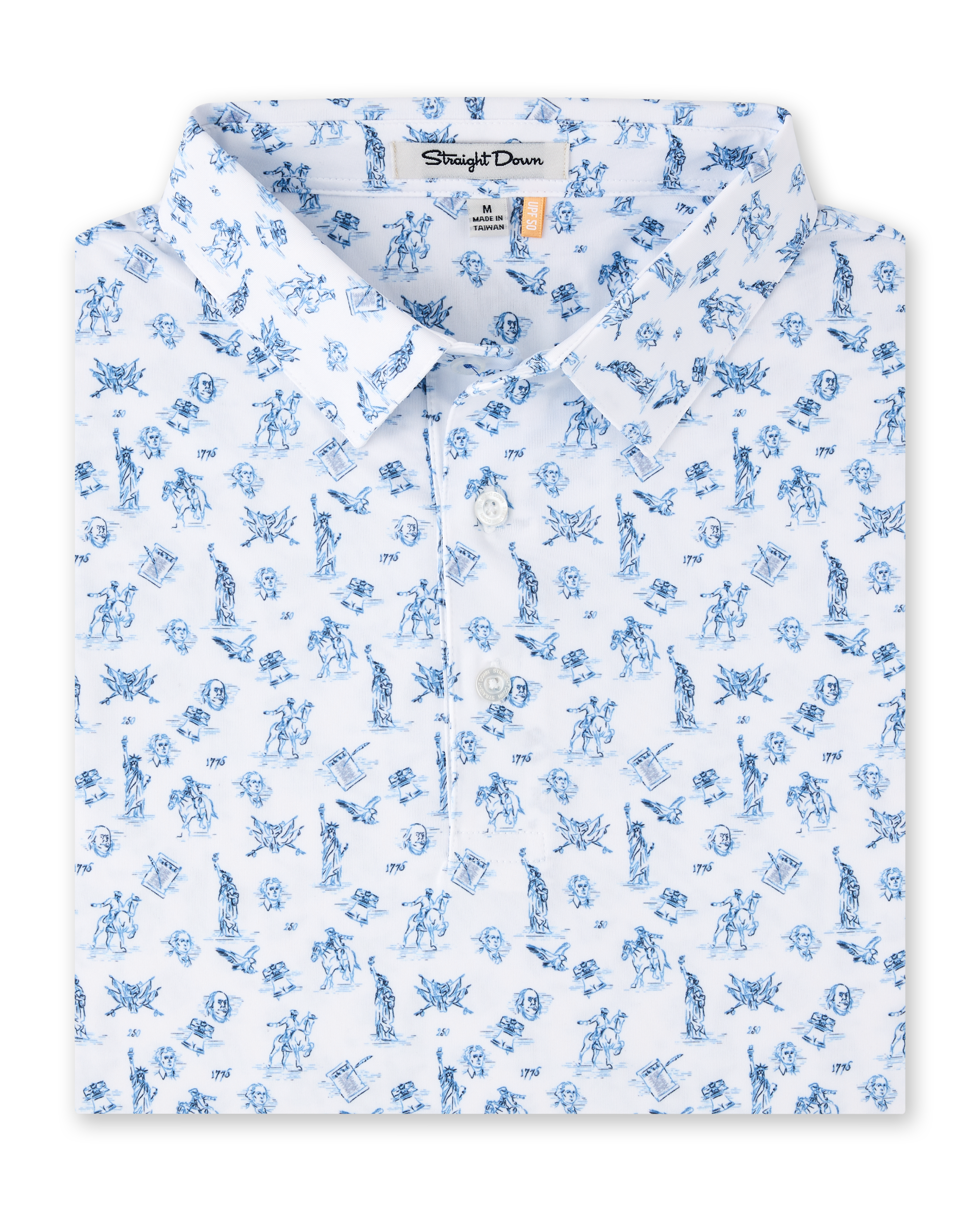 Independence Day Polo in New Indigo with patriotic allover print, folded view