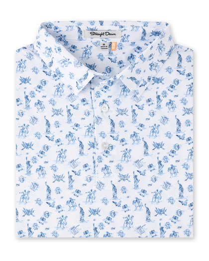 Independence Day Polo in New Indigo with patriotic allover print, folded view