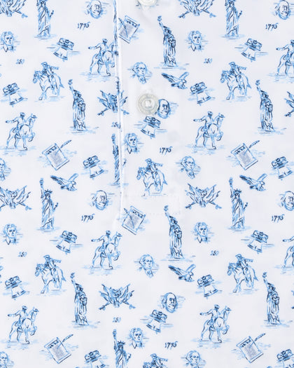 Independence Day Polo in New Indigo with hand-drawn patriotic print detail