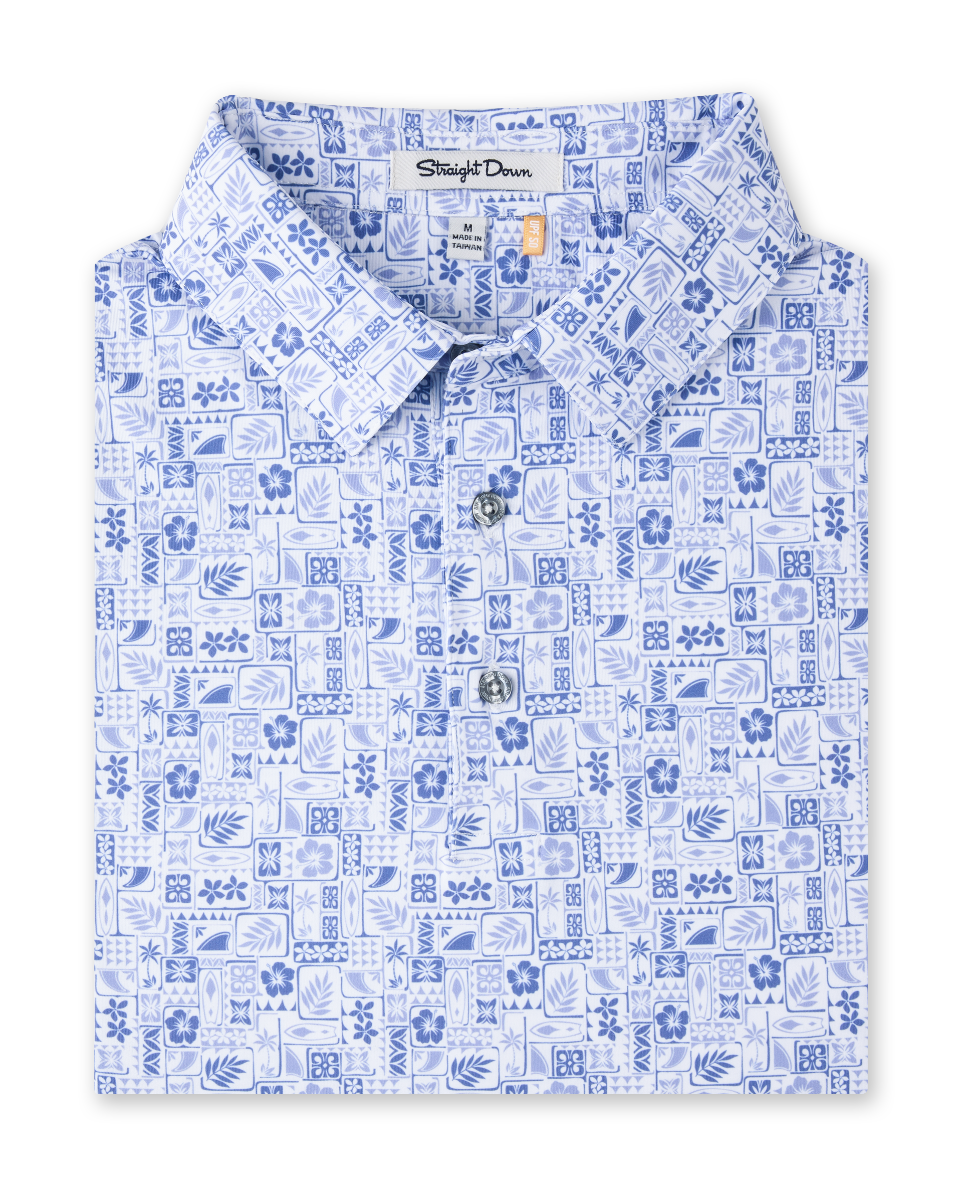 Waterman Polo in Tidal Blue featuring an allover island-inspired tile print, folded view