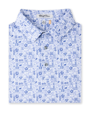 Waterman Polo in Tidal Blue featuring an allover island-inspired tile print, folded view