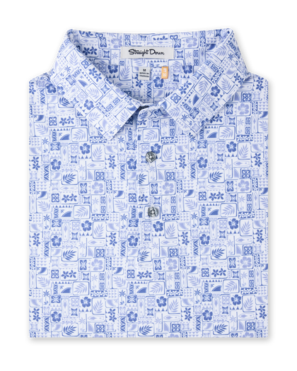 Waterman Polo in Tidal Blue featuring an allover island-inspired tile print, folded view
