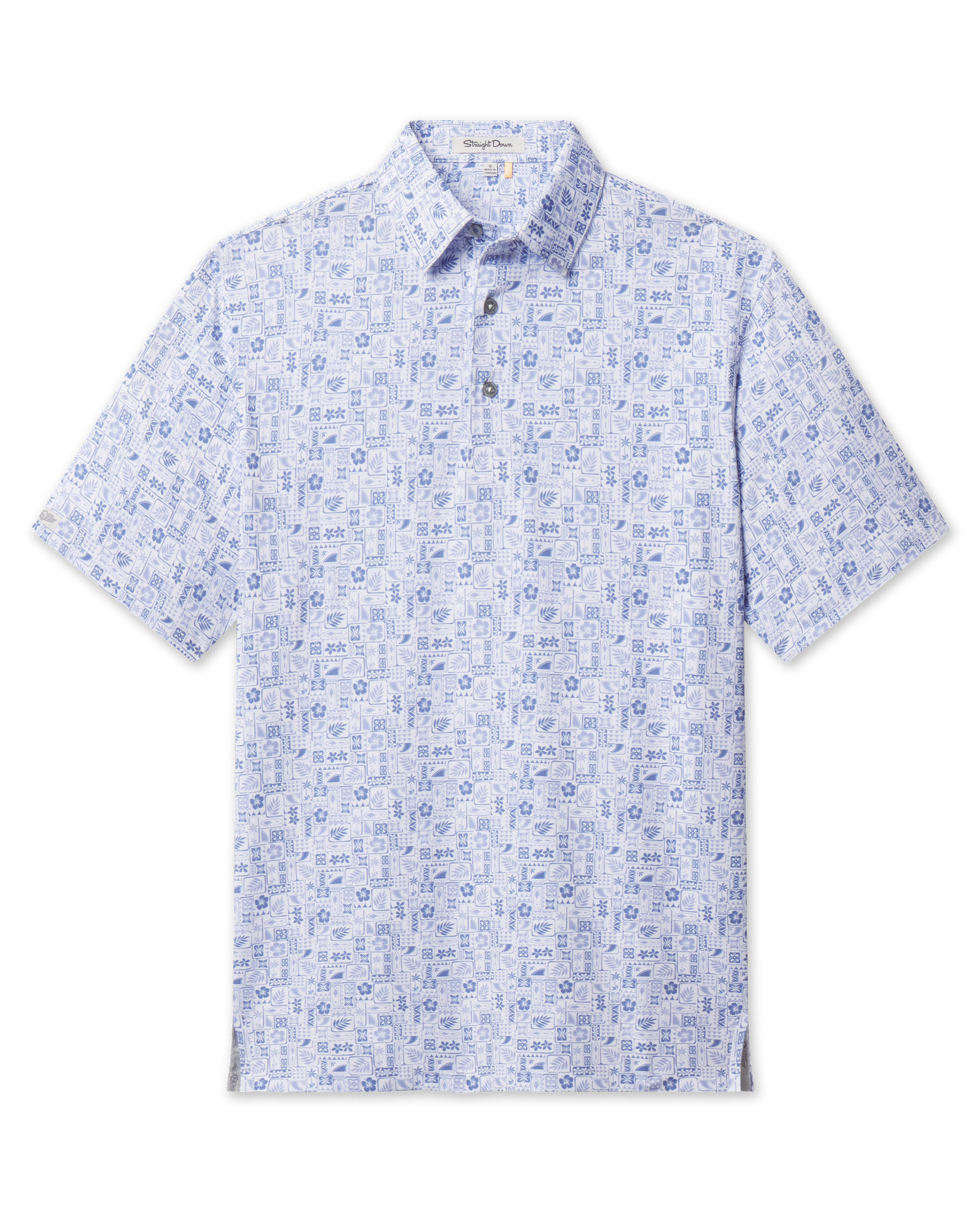 Men's Waterman Polo in Tidal Blue with a tropical tile pattern, front view
