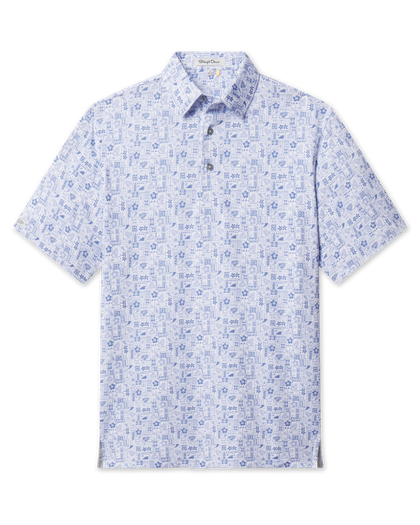 Men's Waterman Polo in Tidal Blue with a tropical tile pattern, front view