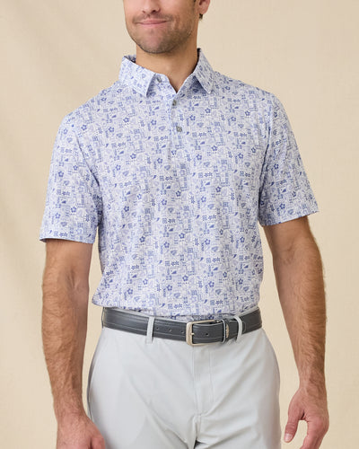 Waterman Polo in Tidal Blue featuring an allover island-inspired tile print, front model view