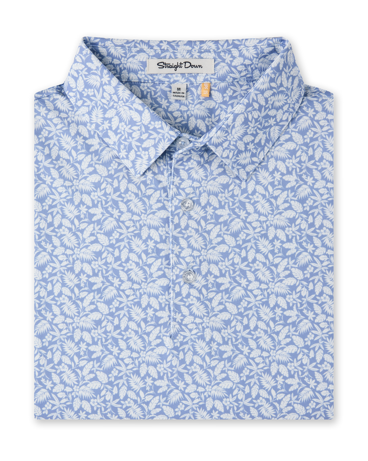 Close-up product view of the Tropics Lounge Polo in Blue Shade, featuring an allover white botanical print on a light blue background and a three-button placket.
