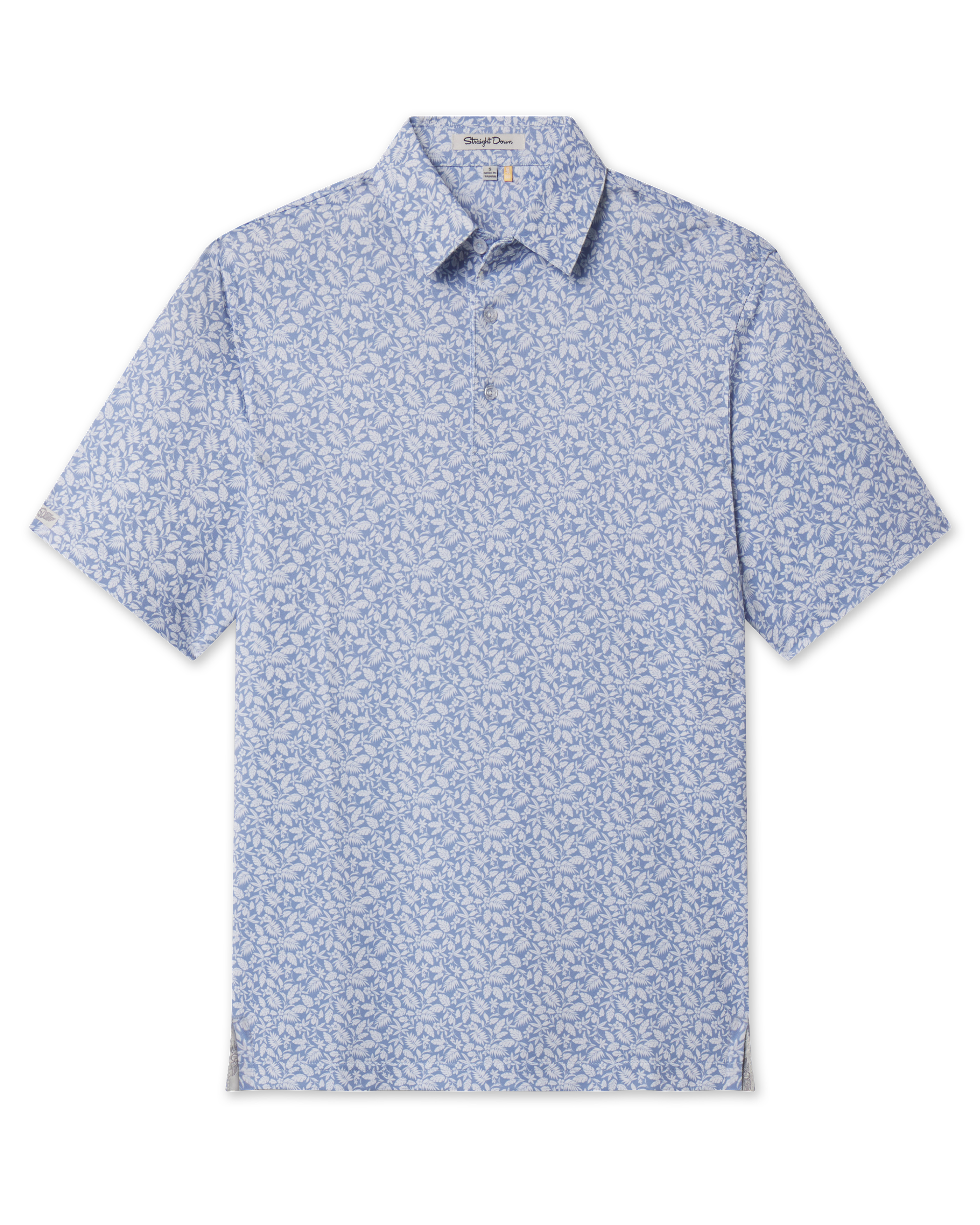 Front product view of the Tropics Lounge Polo in Blue Shade, featuring short sleeves, a classic polo collar, and an allover white botanical print.