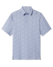 Front product view of the Tropics Lounge Polo in Blue Shade, featuring short sleeves, a classic polo collar, and an allover white botanical print.