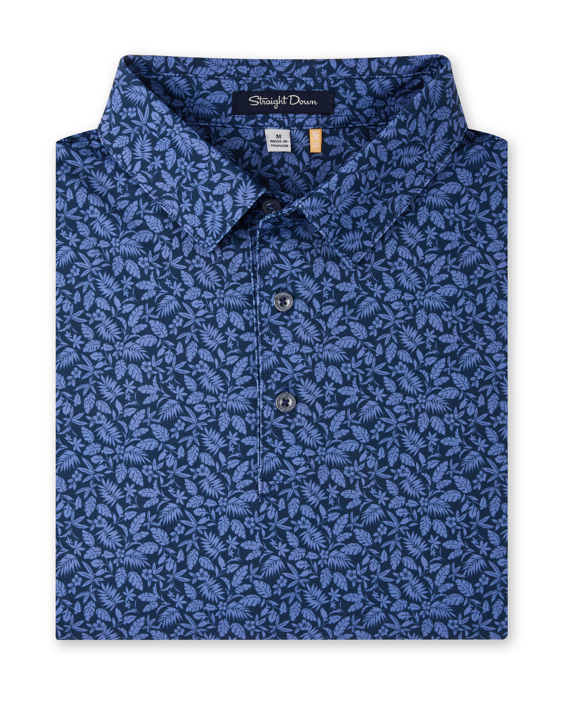 Tropics Lounge Polo in Tidal Blue with an allover tropical print, folded view