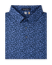 Tropics Lounge Polo in Tidal Blue with an allover tropical print, folded view