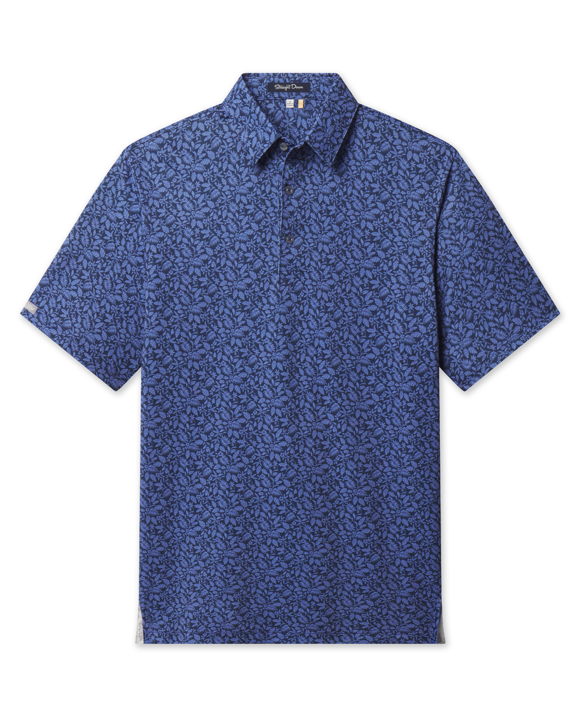 Men's Tropics Lounge Polo in Tidal Blue featuring an allover tropical pattern, front flat lay view