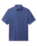 Men's Tropics Lounge Polo in Tidal Blue featuring an allover tropical pattern, front flat lay view