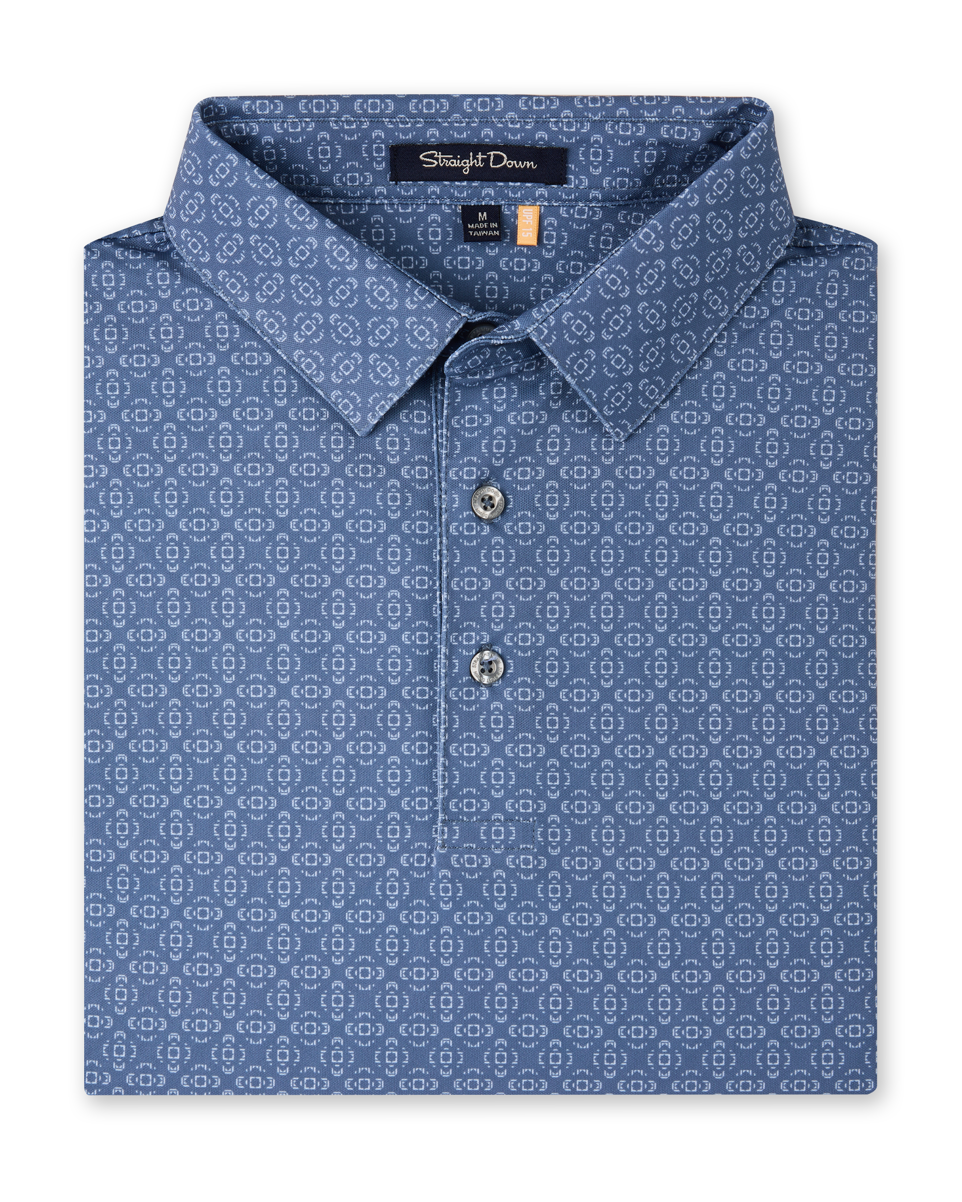 Sarasota Polo in Moonlight featuring an all-over light geometric print, structured collar, and button placket.