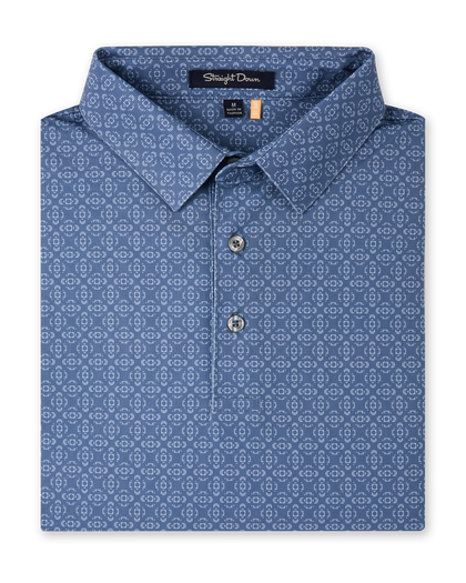 Sarasota Polo in Moonlight featuring an all-over light geometric print, structured collar, and button placket.