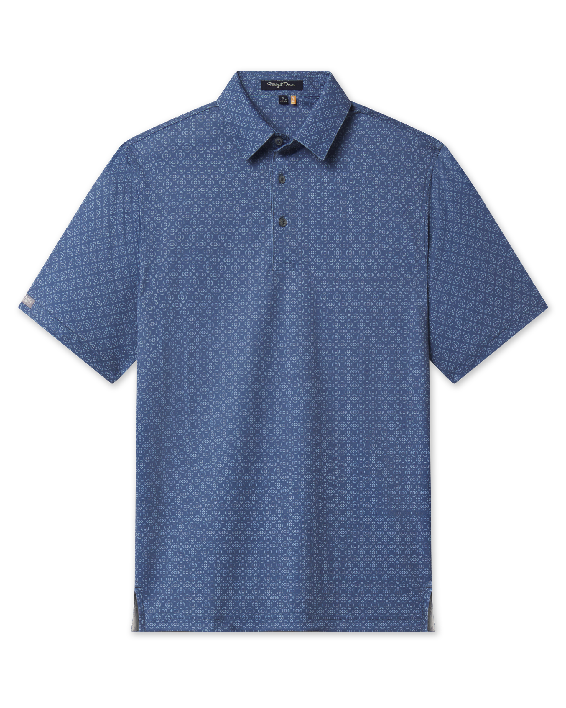 Sarasota Polo in Moonlight featuring an all-over geometric print, short sleeves, and button placket.