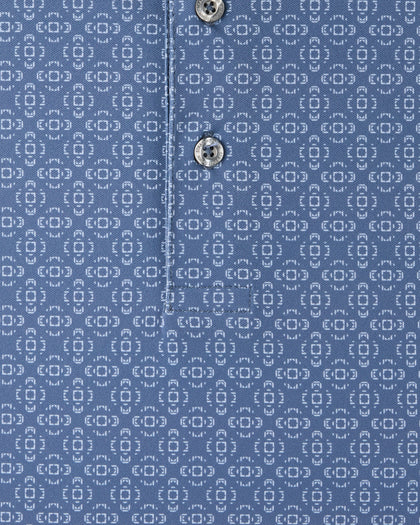 Close-up of the Sarasota Polo in Moonlight highlighting the geometric pattern, buttons, and placket stitching.