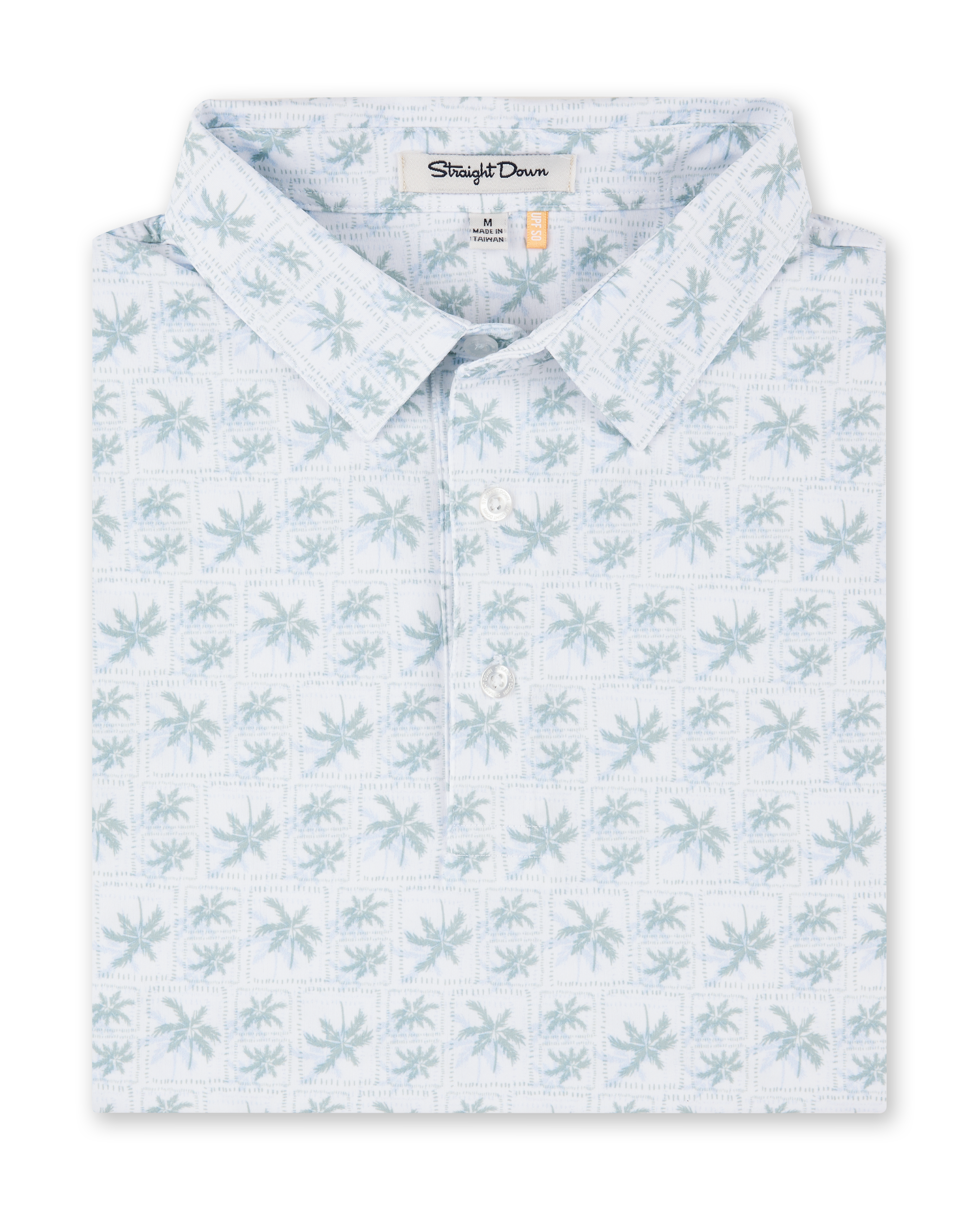 Folded 29 Palms Polo in Herb featuring an allover light green palm tree print on a white background.