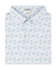 Folded 29 Palms Polo in Herb featuring an allover light green palm tree print on a white background.