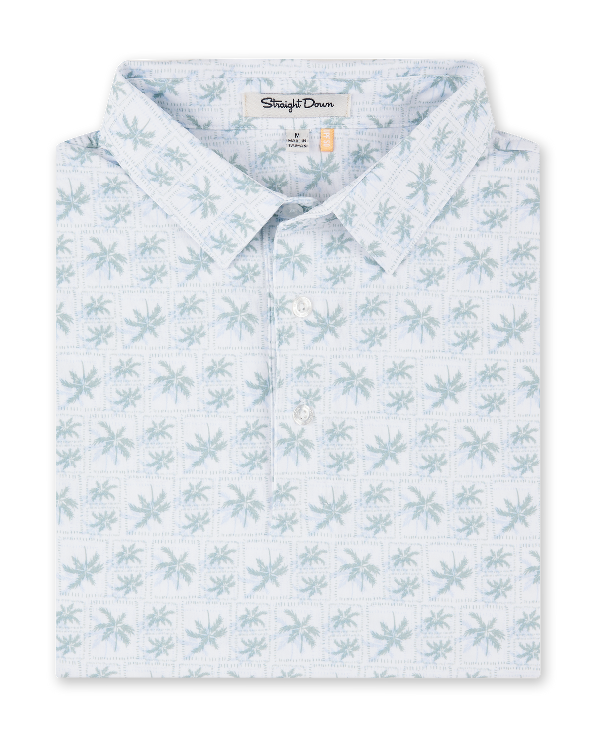 Folded 29 Palms Polo in Herb featuring an allover light green palm tree print on a white background.