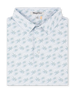 Folded 29 Palms Polo in Herb featuring an allover light green palm tree print on a white background.