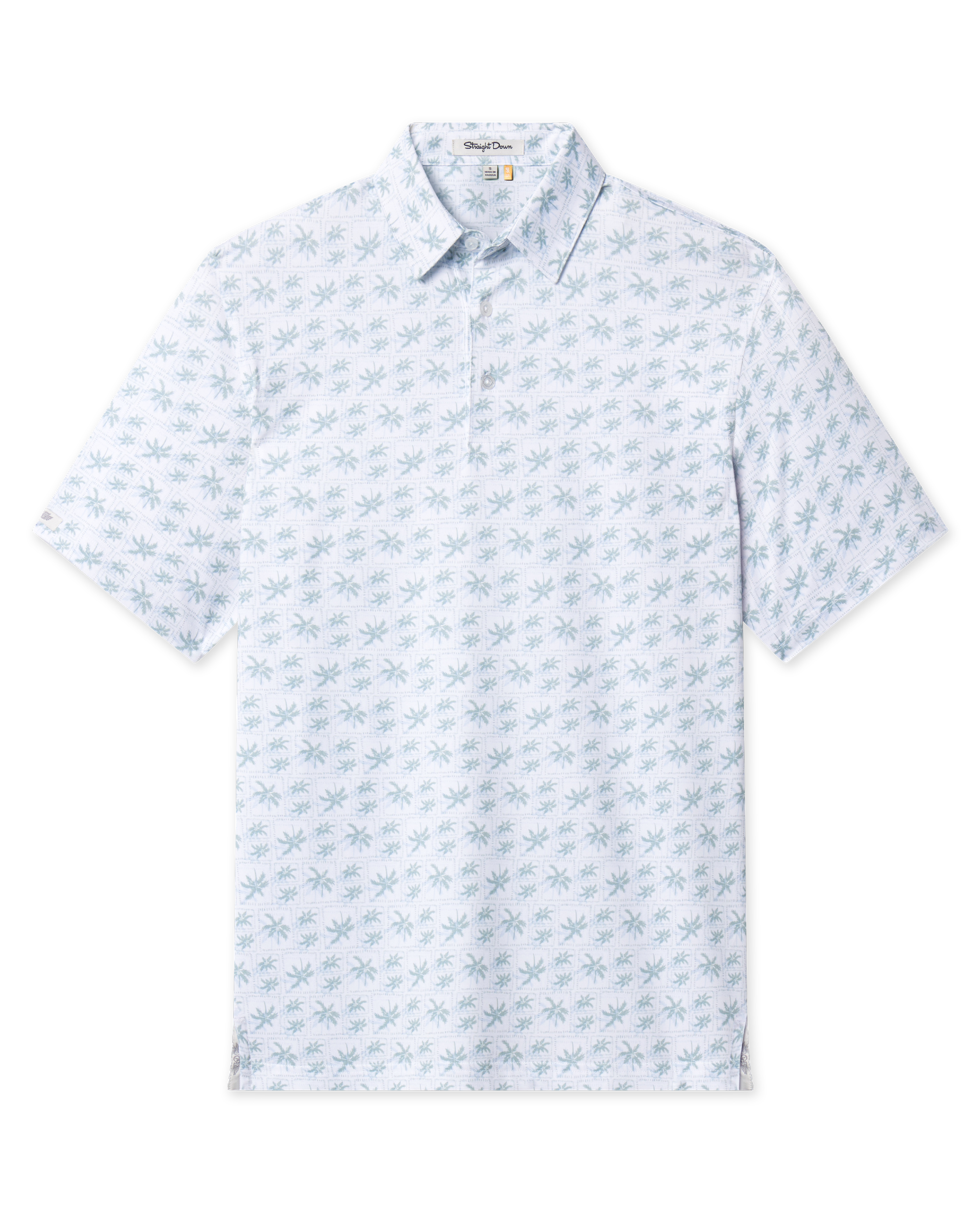 29 Palms Polo in Herb with a white base, light green palm tree pattern, short sleeves, and classic polo collar.