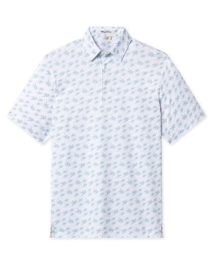 29 Palms Polo in Herb with a white base, light green palm tree pattern, short sleeves, and classic polo collar.