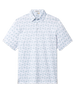 29 Palms Polo in Herb with a white base, light green palm tree pattern, short sleeves, and classic polo collar.