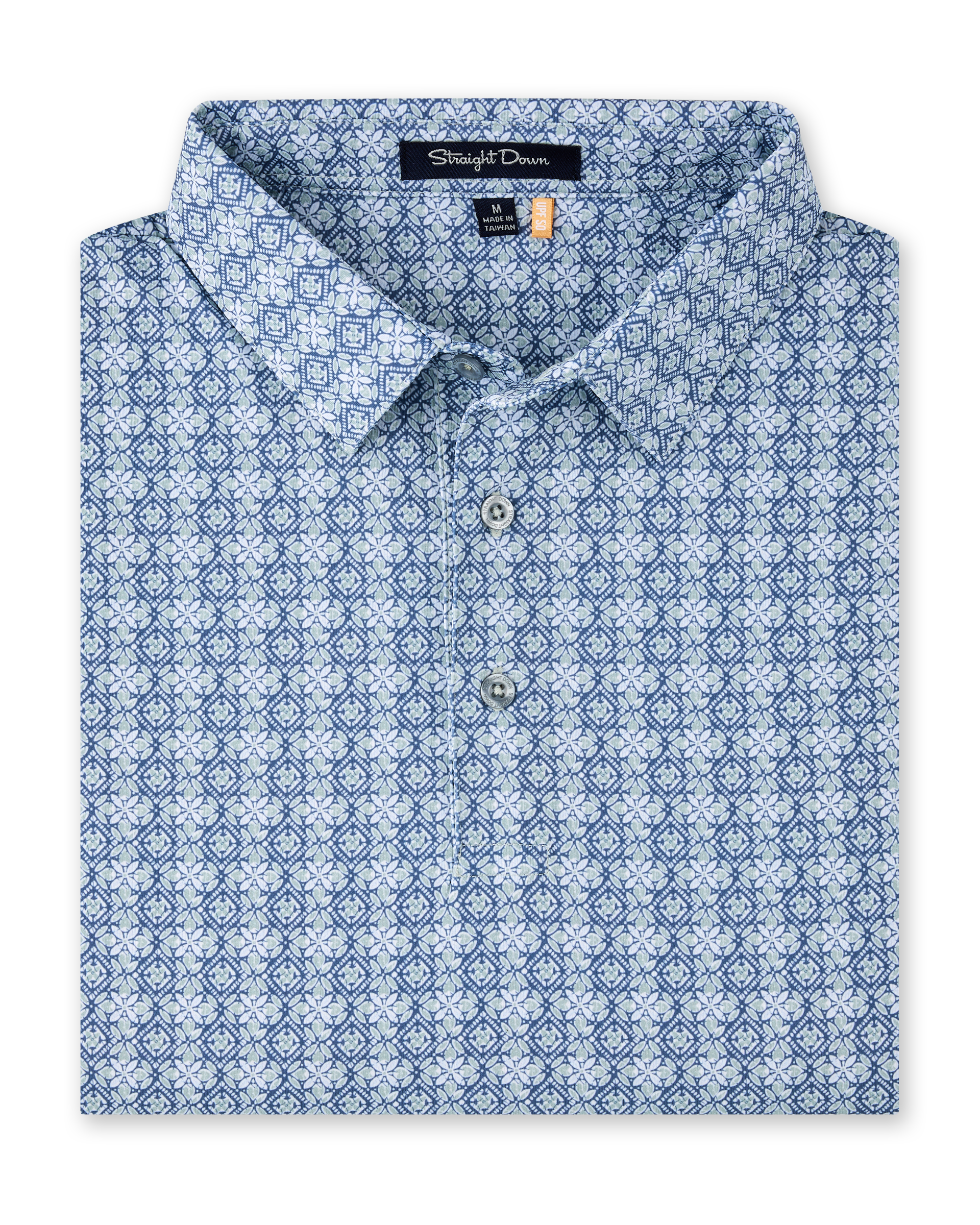 Grayhawk Polo in Moonlight featuring an intricate blue and light green geometric print with a classic polo collar and button placket.