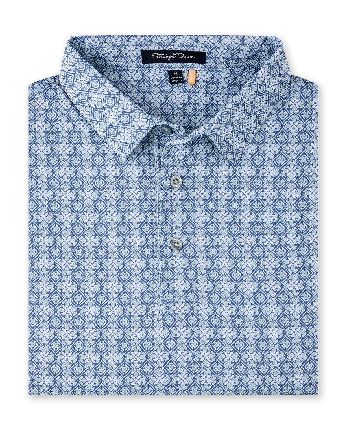 Grayhawk Polo in Moonlight featuring an intricate blue and light green geometric print with a classic polo collar and button placket.