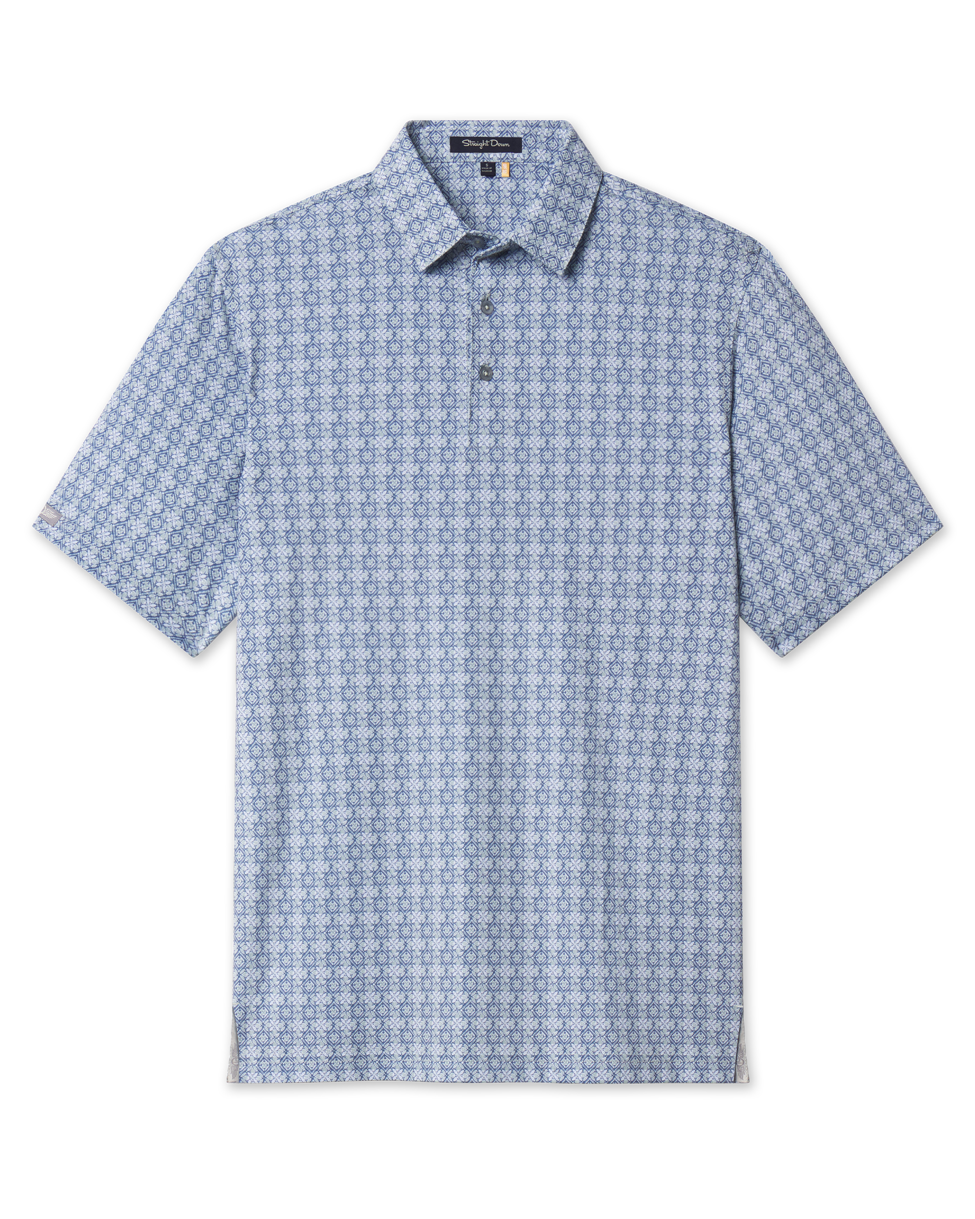Grayhawk Polo in Moonlight featuring an all-over blue and light green geometric pattern, short sleeves, and three-button placket.