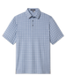 Grayhawk Polo in Moonlight featuring an all-over blue and light green geometric pattern, short sleeves, and three-button placket.