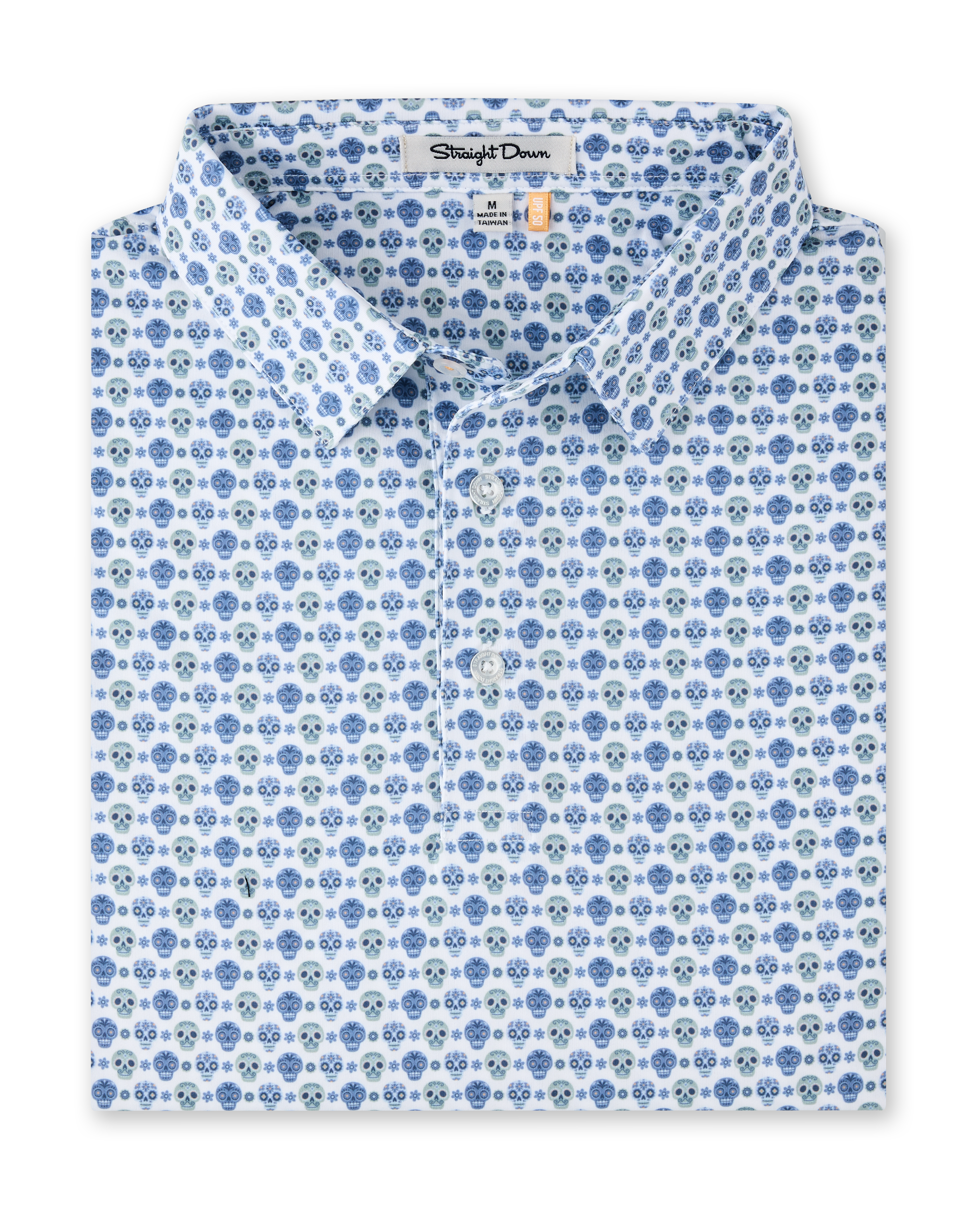 Day of the Dead Polo in Herb featuring an all-over blue and green sugar skull print with a classic polo collar and button placket.