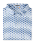 Day of the Dead Polo in Herb featuring an all-over blue and green sugar skull print with a classic polo collar and button placket.