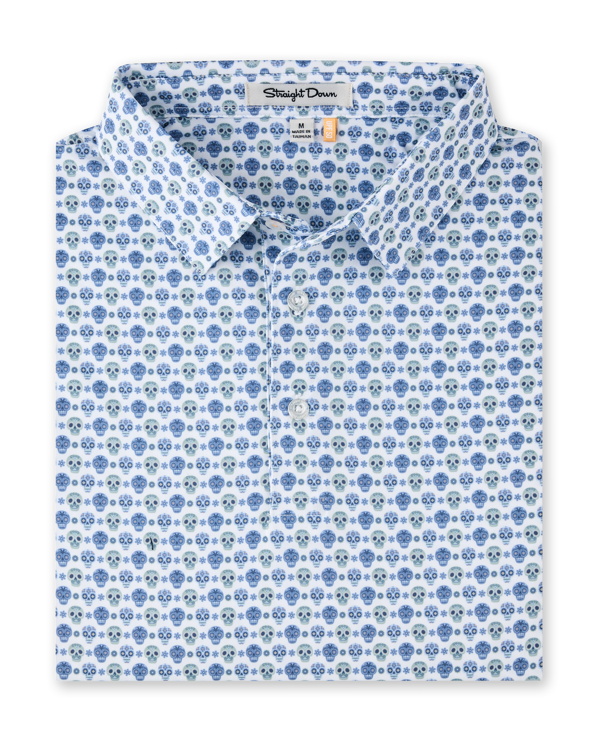 Day of the Dead Polo in Herb featuring an all-over blue and green sugar skull print with a classic polo collar and button placket.