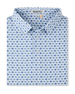 Day of the Dead Polo in Herb featuring an all-over blue and green sugar skull print with a classic polo collar and button placket.
