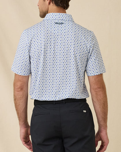 Back view of the Day of the Dead Polo in Herb featuring the all-over sugar skull print and embroidered logo below the collar.