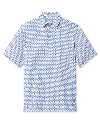 Day of the Dead Polo in Herb featuring short sleeves, a classic collar, and an all-over blue and green sugar skull print.