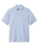 Day of the Dead Polo in Herb featuring short sleeves, a classic collar, and an all-over blue and green sugar skull print.