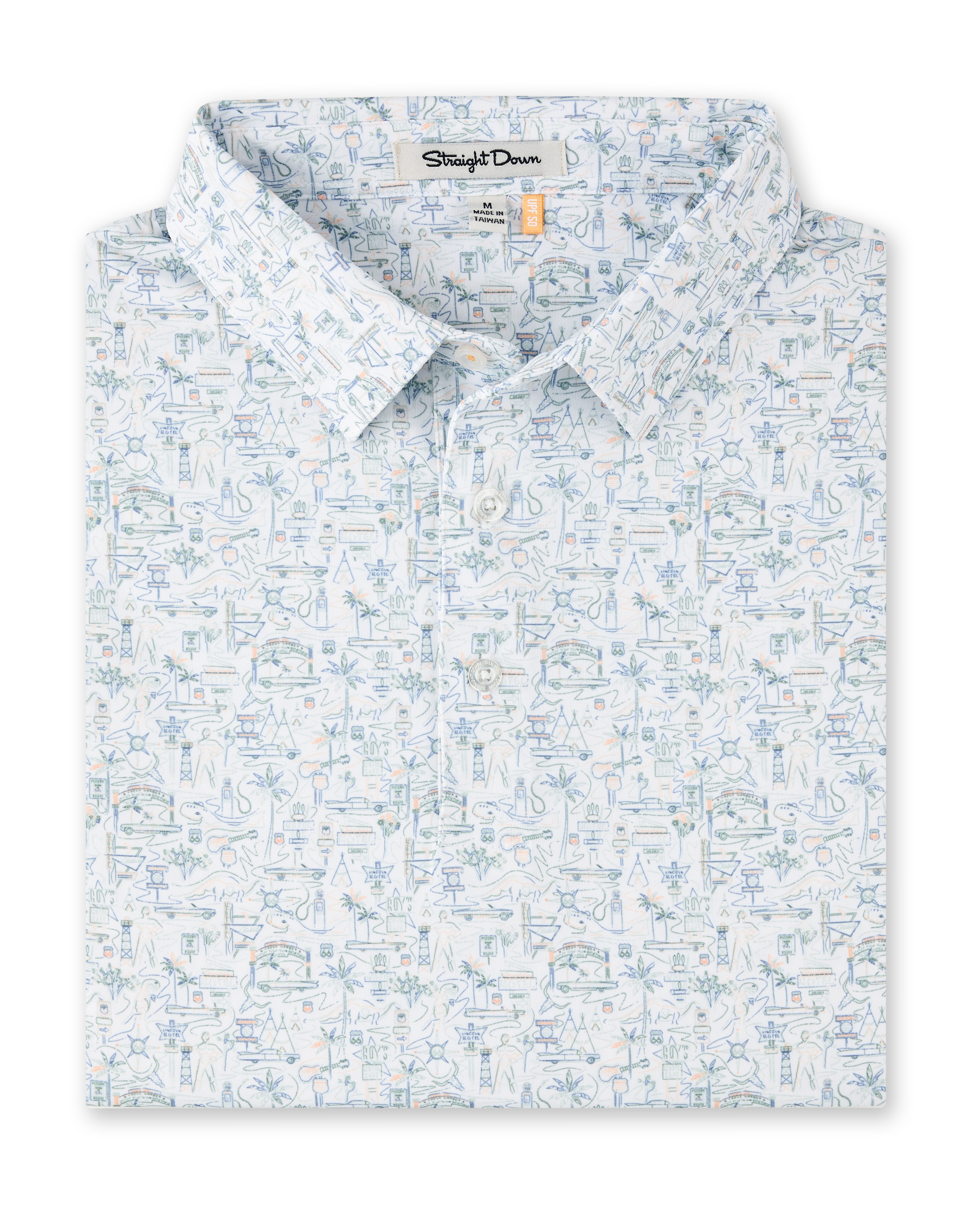 Route 66 Polo in Herb featuring an all-over illustrated print inspired by classic roadside landmarks, cars, palm trees, and desert scenery.