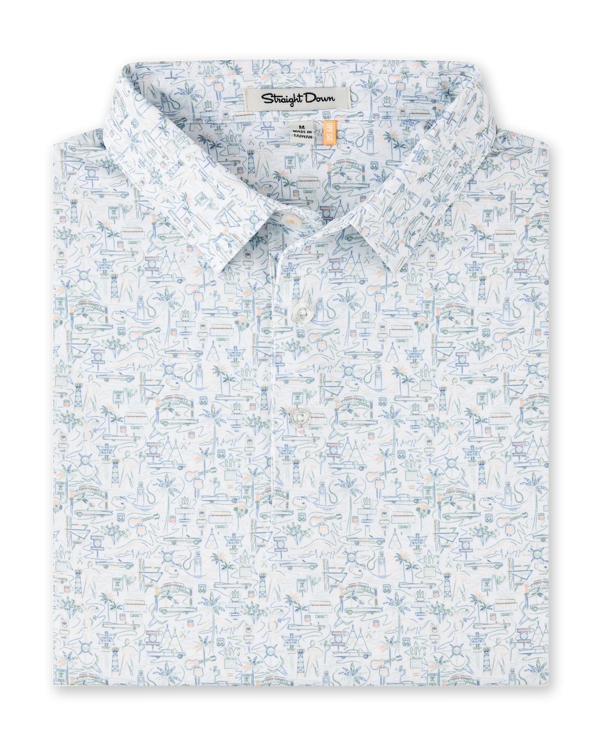 Route 66 Polo in Herb featuring an all-over illustrated print inspired by classic roadside landmarks, cars, palm trees, and desert scenery.